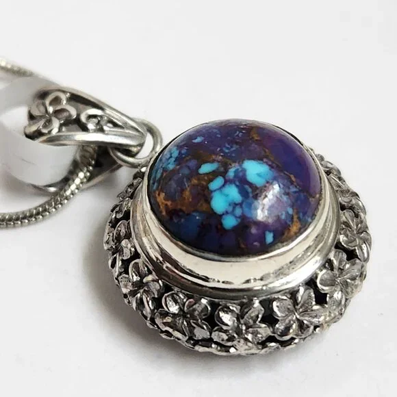 2011 925 Artisian Natural Purple Copper Turquoise Round Pendant 18" Silver Chain - Picture 2 of 10